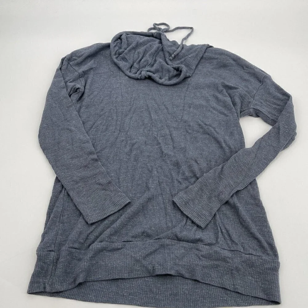 Bobeau Top XS Womens Gray Blue Lightweight Hooded Knit Casual Drawstring Stretch